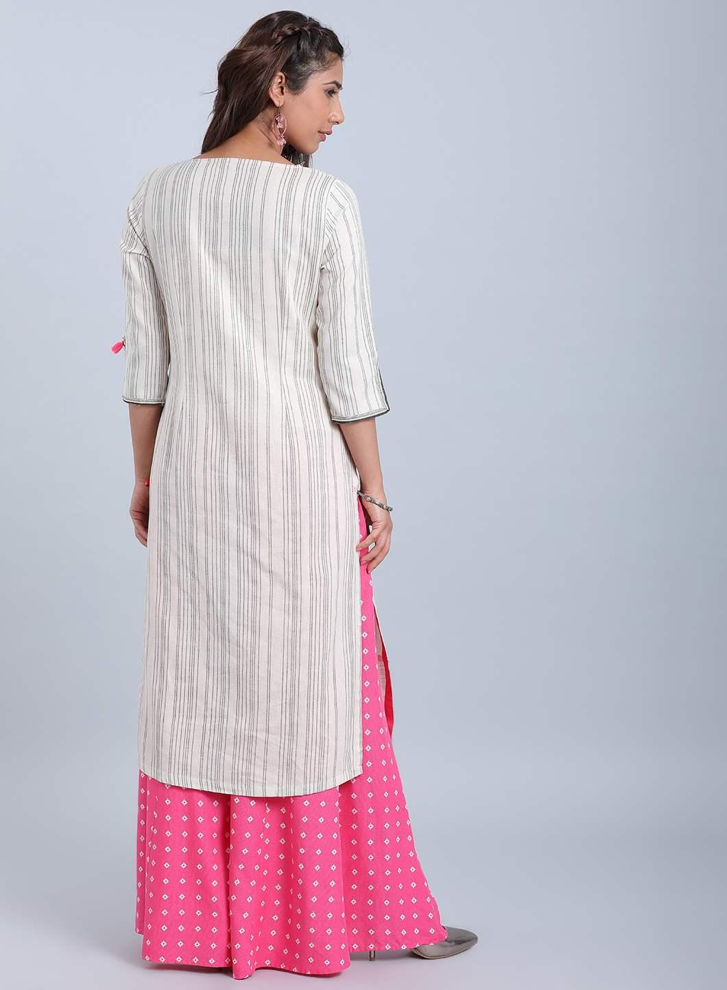 Off-White &amp; Pink Printed Round Neck kurta - wforwoman