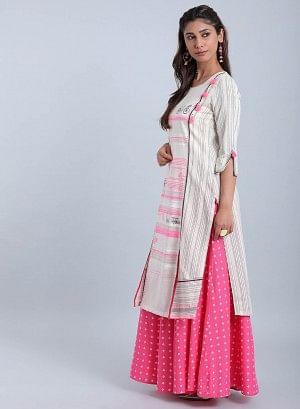 Off-White &amp; Pink Printed Round Neck kurta - wforwoman