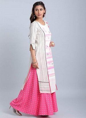 Off-White &amp; Pink Printed Round Neck kurta - wforwoman