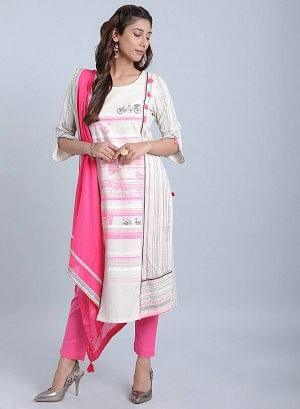 Off-White &amp; Pink Printed Round Neck kurta - wforwoman