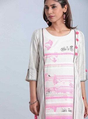 Off-White &amp; Pink Printed Round Neck kurta - wforwoman