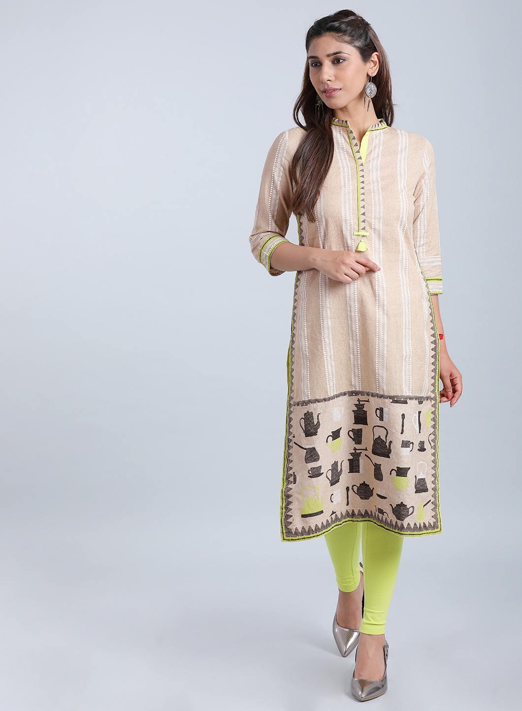 Beige Striped Mandarin Neck kurta - wforwoman