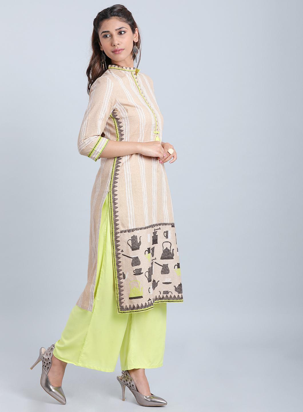 Beige Striped Mandarin Neck kurta - wforwoman