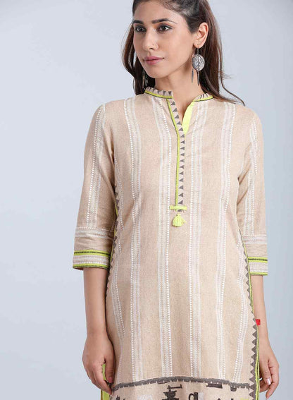 Beige Striped Mandarin Neck kurta - wforwoman