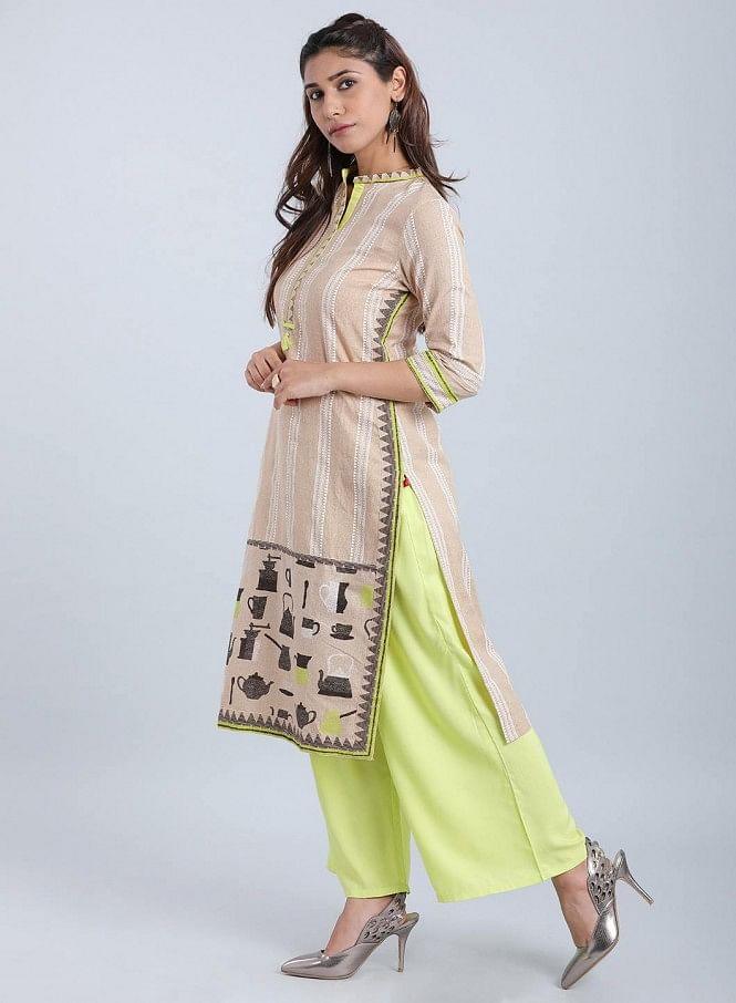 Beige Striped Mandarin Neck kurta - wforwoman