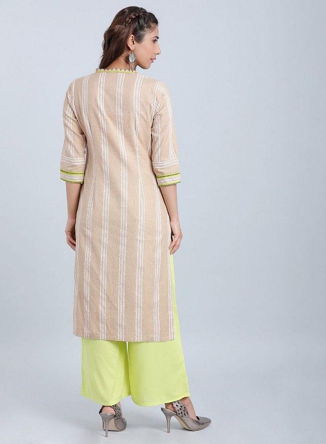 Beige Striped Mandarin Neck kurta - wforwoman