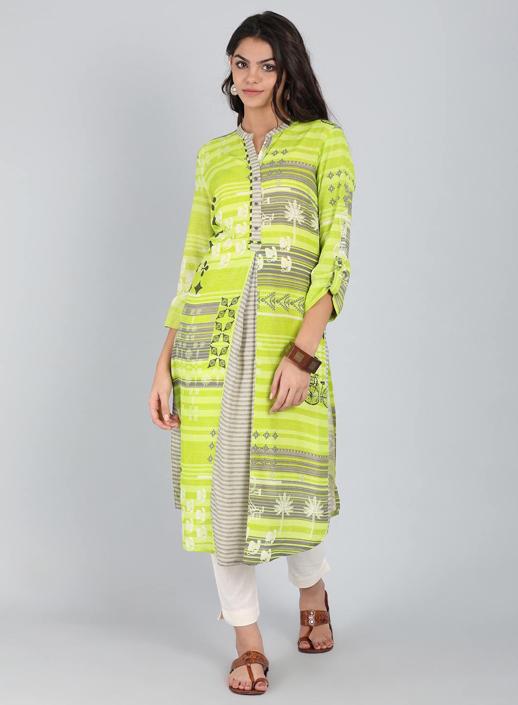 Green Mandarin Neck Printed kurta