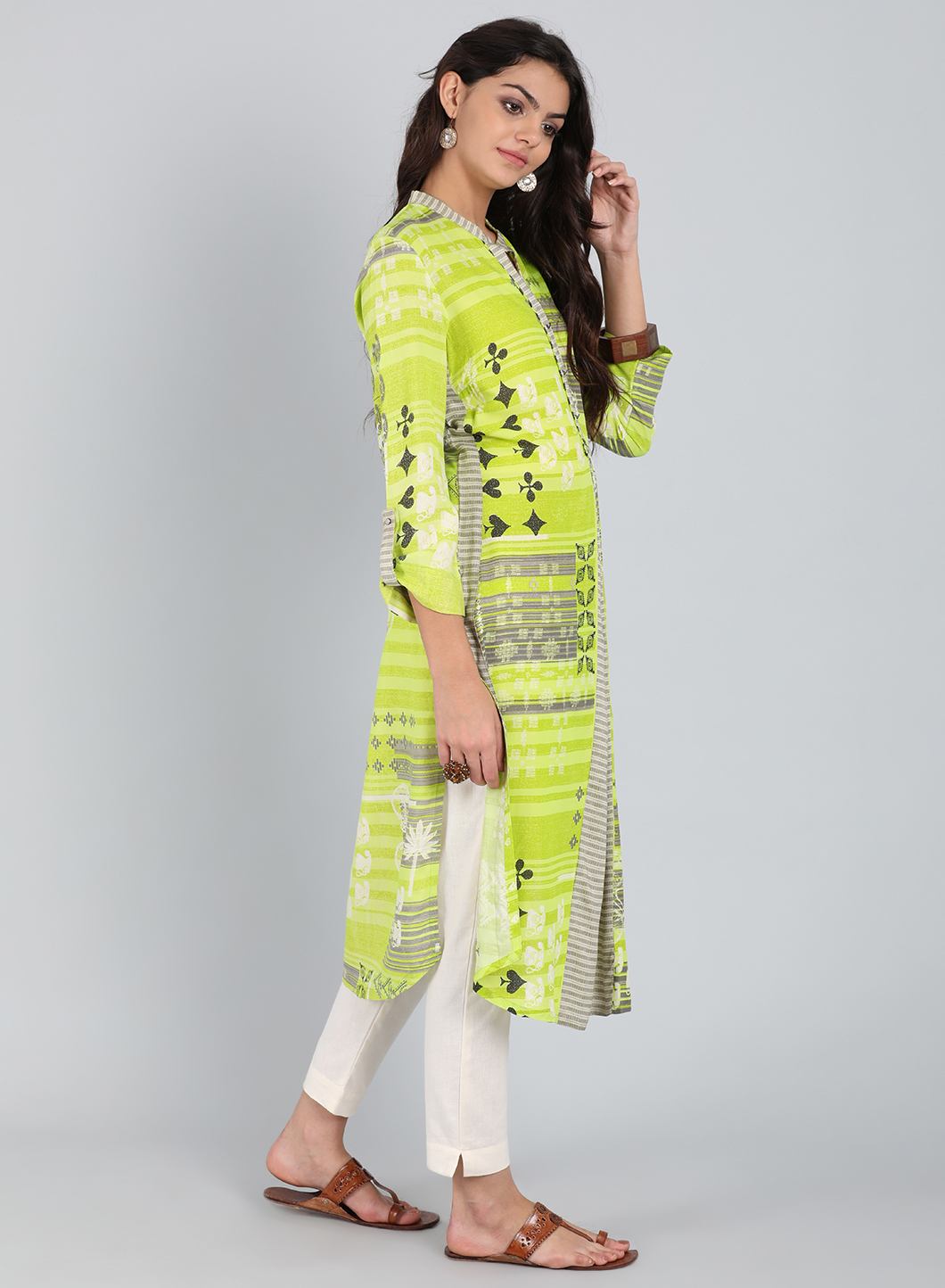 Green Mandarin Neck Printed kurta