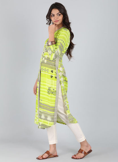 Green Mandarin Neck Printed kurta