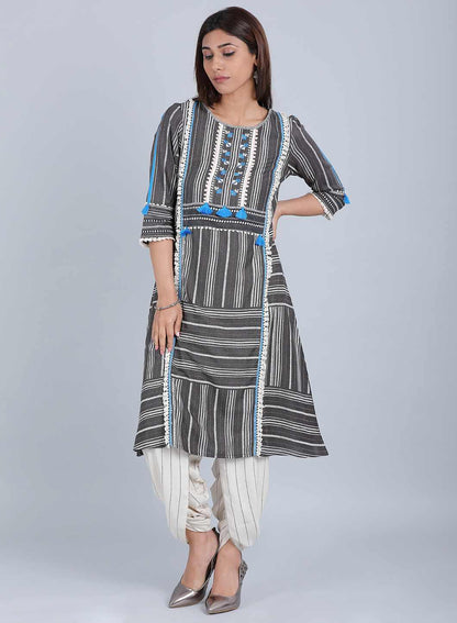 Grey Round Neck Tassel kurta - wforwoman