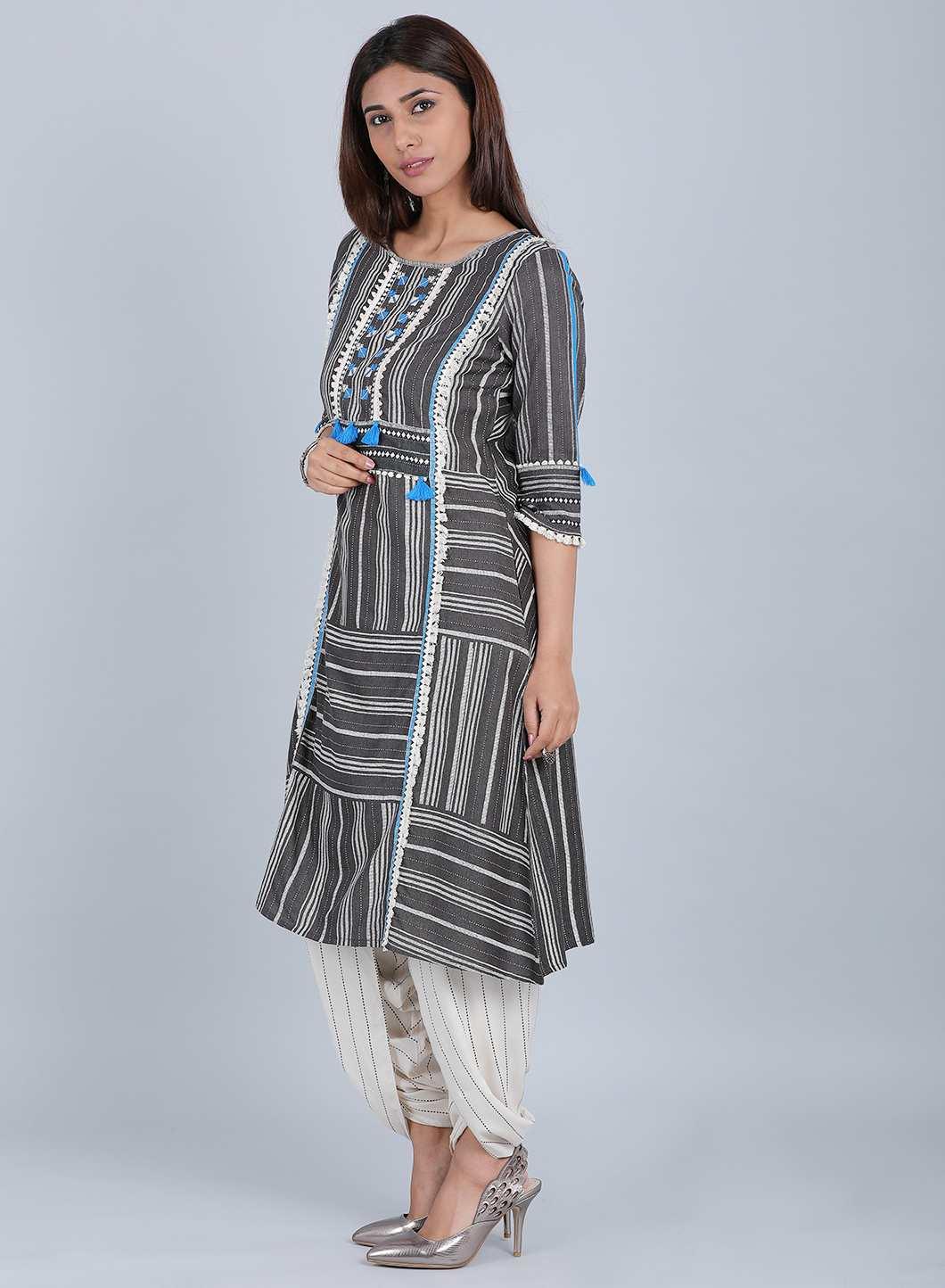 Grey Round Neck Tassel kurta - wforwoman