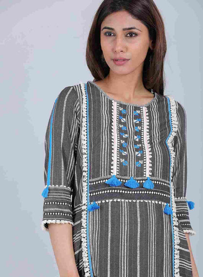 Grey Round Neck Tassel kurta - wforwoman