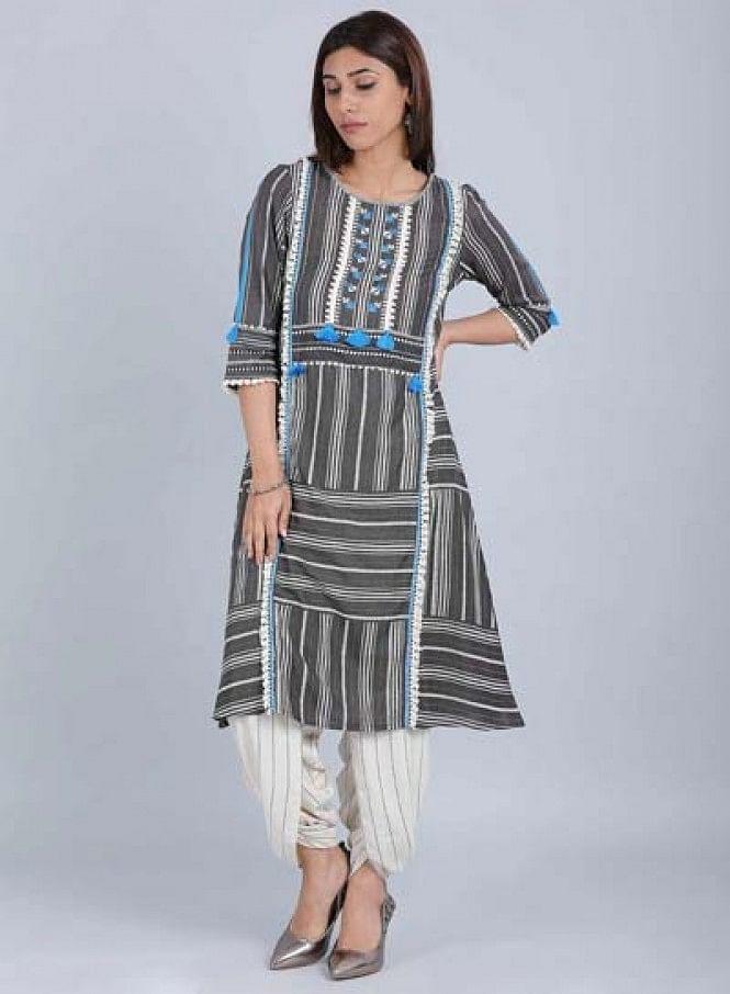 Grey Round Neck Tassel kurta - wforwoman