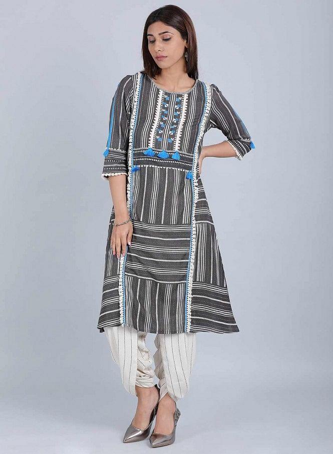 Grey Round Neck Tassel kurta - wforwoman