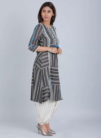 Grey Round Neck Tassel kurta - wforwoman