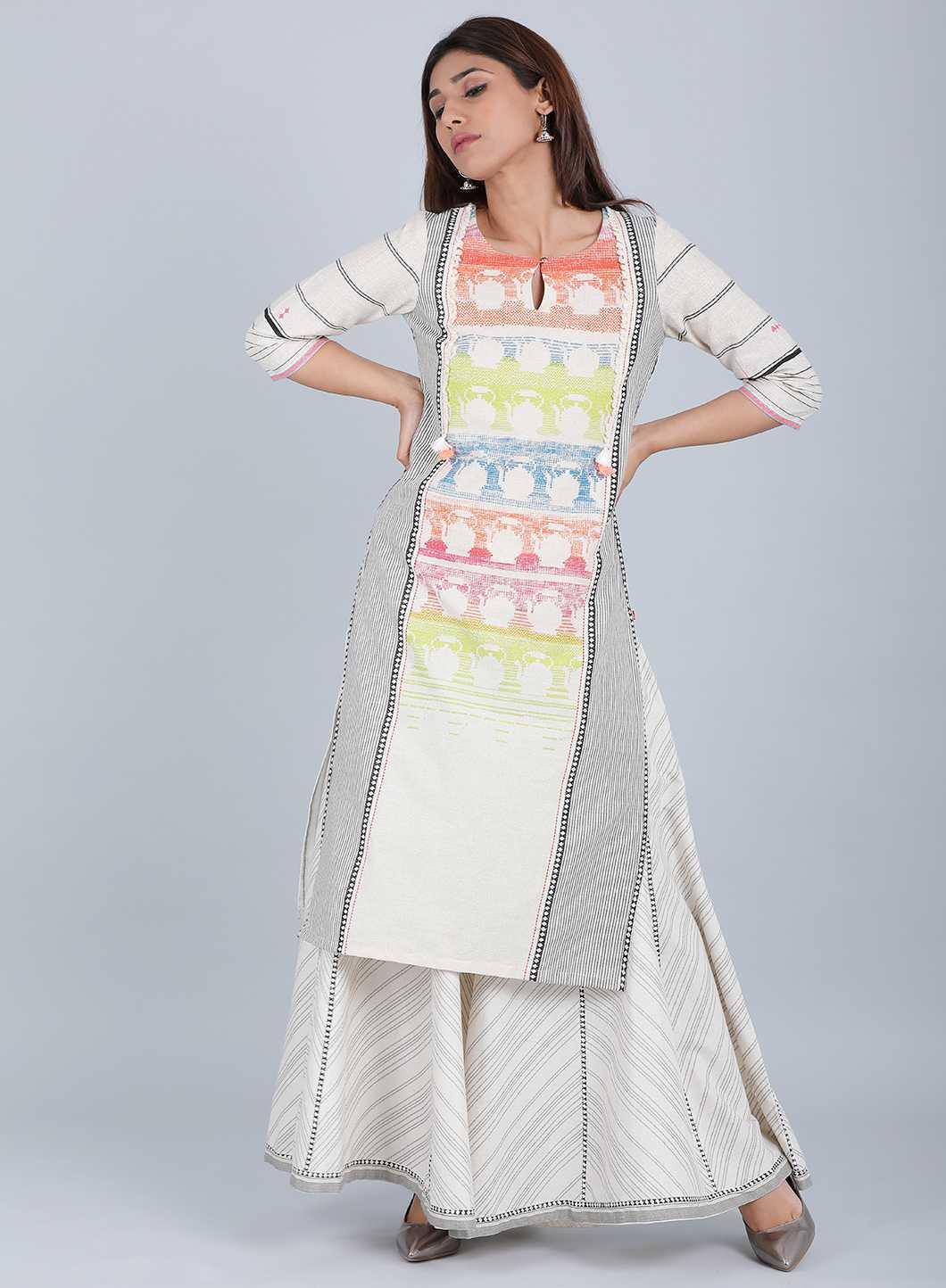 Off-White &amp; Green Printed kurta - wforwoman