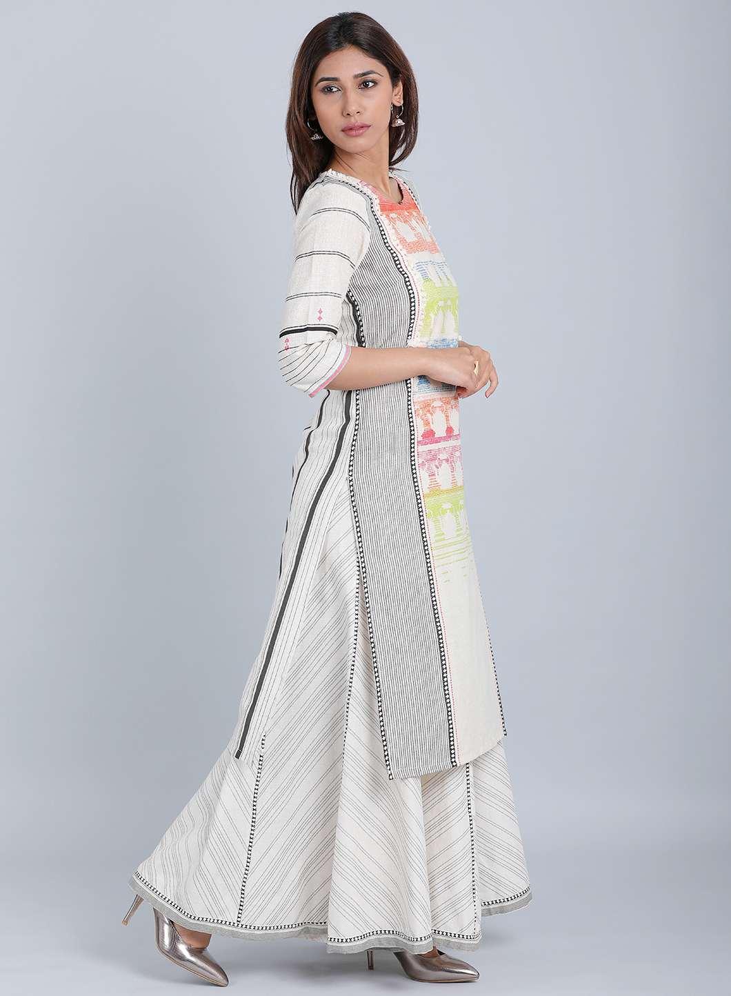 Off-White &amp; Green Printed kurta - wforwoman