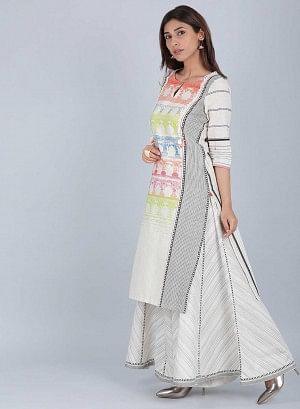 Off-White &amp; Green Printed kurta - wforwoman