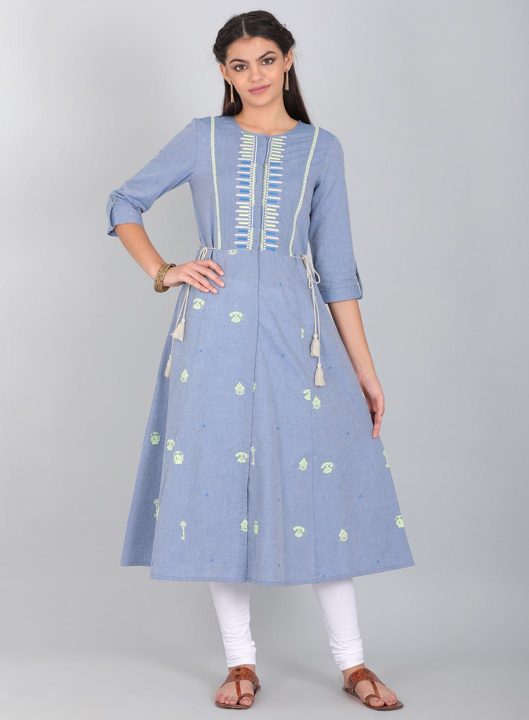 Blue Embroidered Round Neck kurta - wforwoman