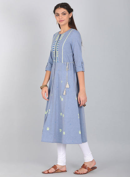 Blue Embroidered Round Neck kurta - wforwoman