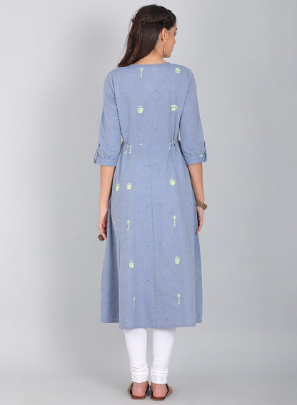 Blue Embroidered Round Neck kurta - wforwoman