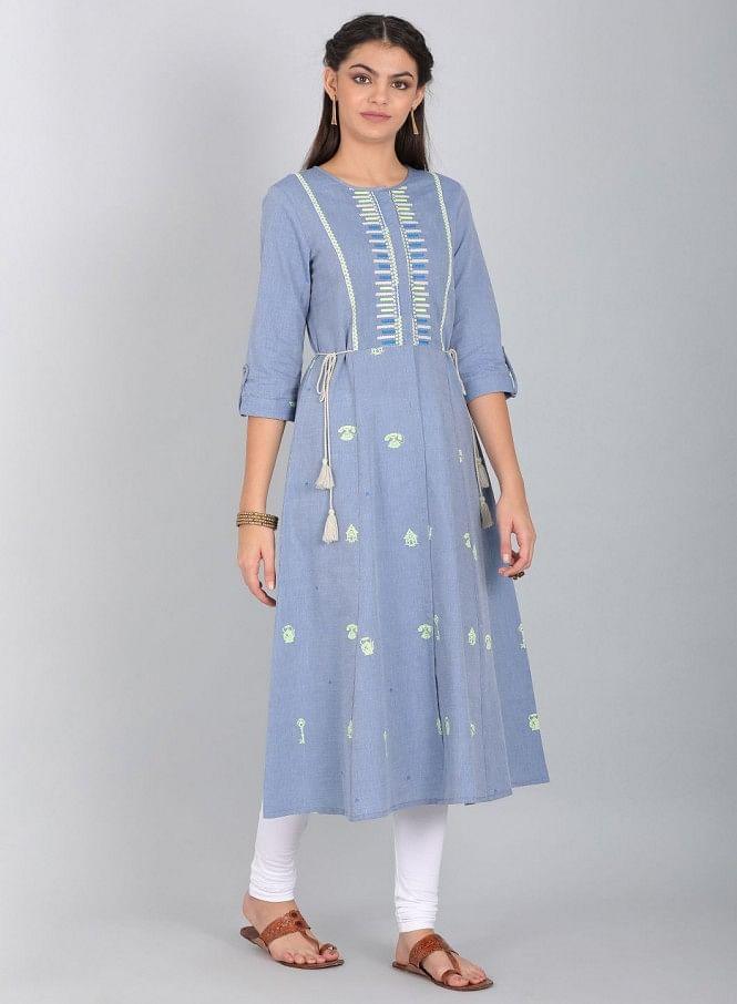 Blue Embroidered Round Neck kurta - wforwoman