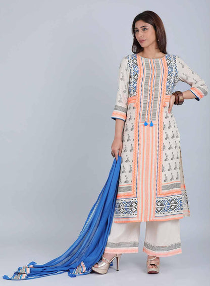 Off-White &amp; Orange Printed kurta - wforwoman