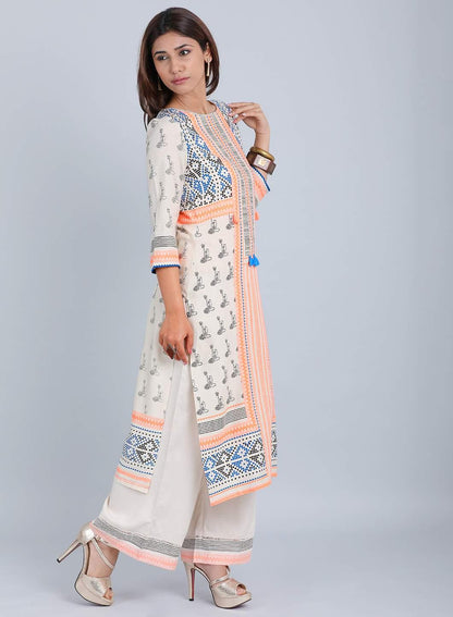 Off-White &amp; Orange Printed kurta - wforwoman