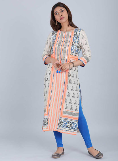 Off-White &amp; Orange Printed kurta - wforwoman