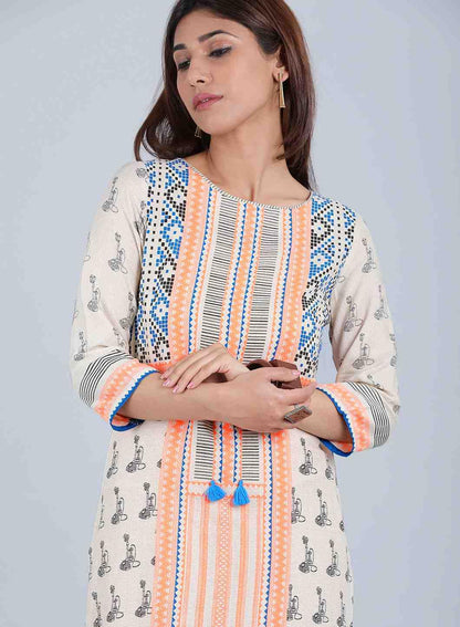 Off-White &amp; Orange Printed kurta - wforwoman