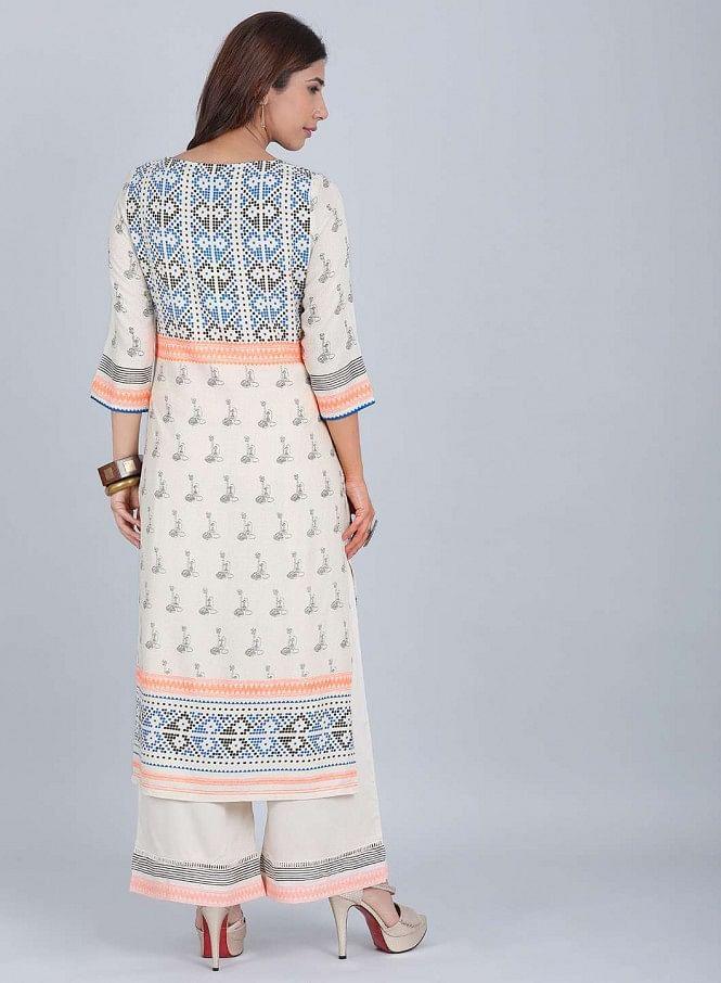 Off-White &amp; Orange Printed kurta - wforwoman