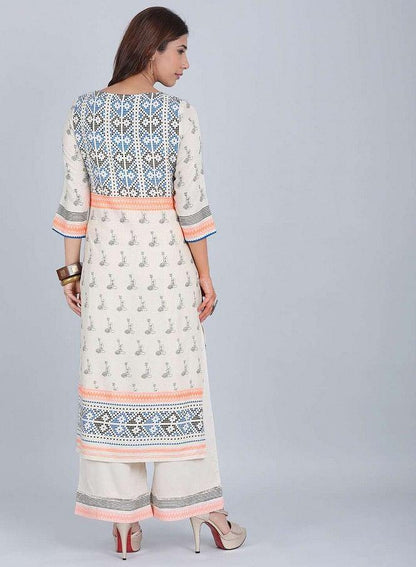 Off-White &amp; Orange Printed kurta - wforwoman