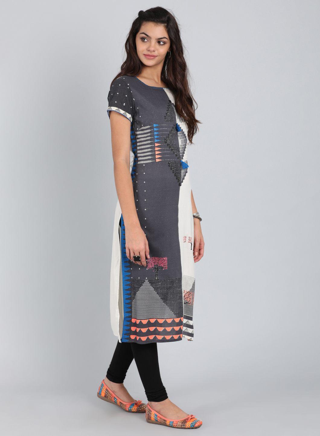 Black Round Neck Printed kurta - wforwoman