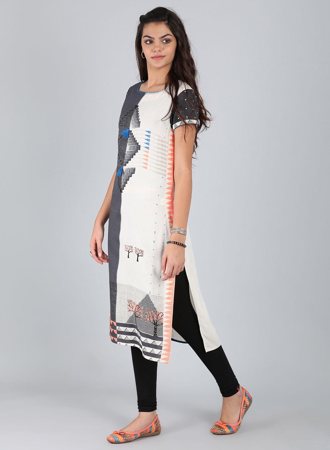 Black Round Neck Printed kurta - wforwoman