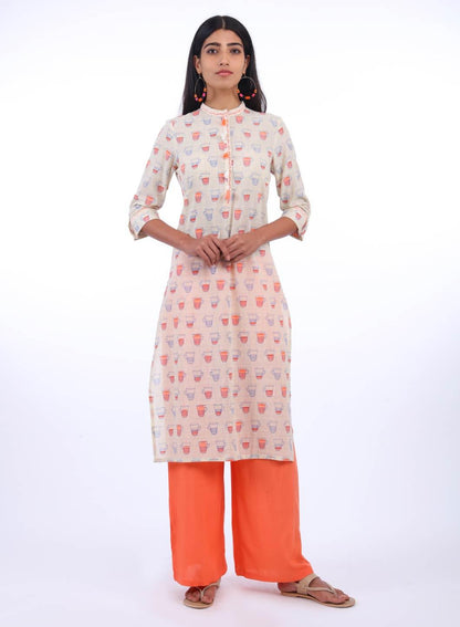 Grey &amp; Orange Mandarin Neck kurta - wforwoman