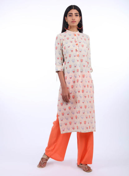 Grey &amp; Orange Mandarin Neck kurta - wforwoman