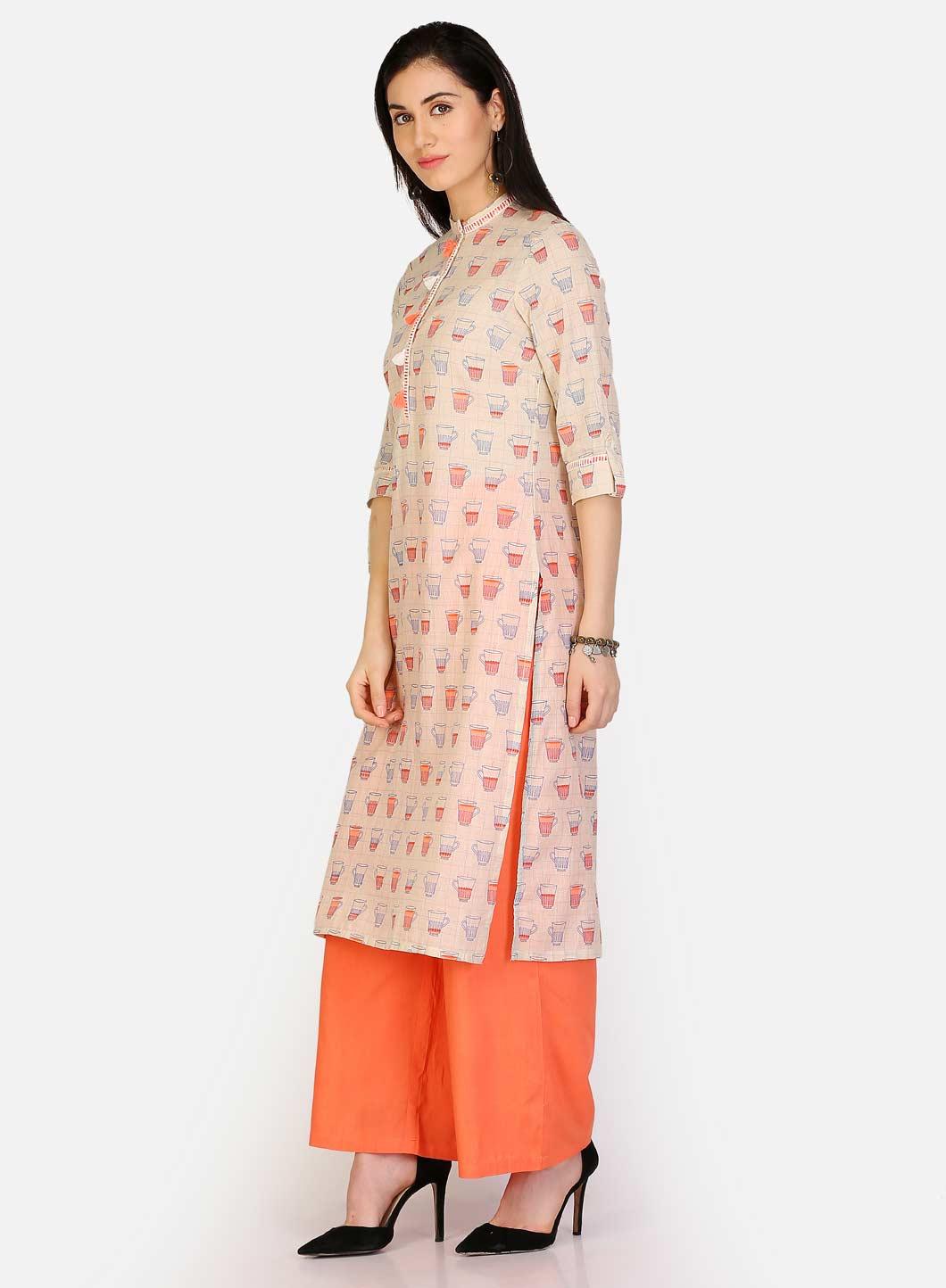 Grey &amp; Orange Mandarin Neck kurta - wforwoman