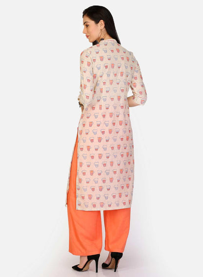 Grey &amp; Orange Mandarin Neck kurta - wforwoman