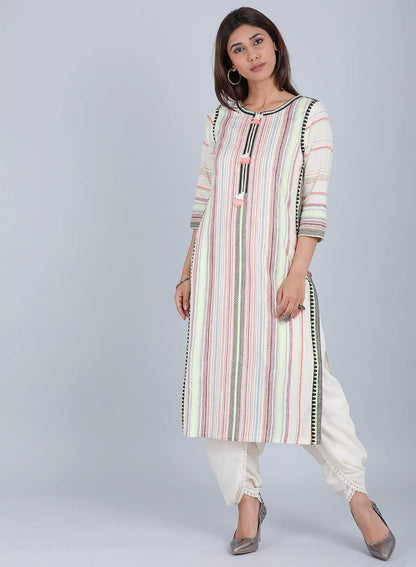 Multicoloured Striped Round Neck kurta - wforwoman