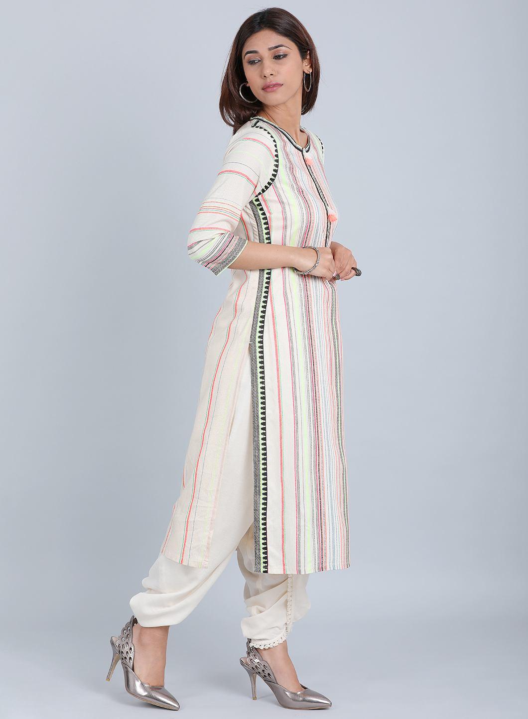 Multicoloured Striped Round Neck kurta - wforwoman