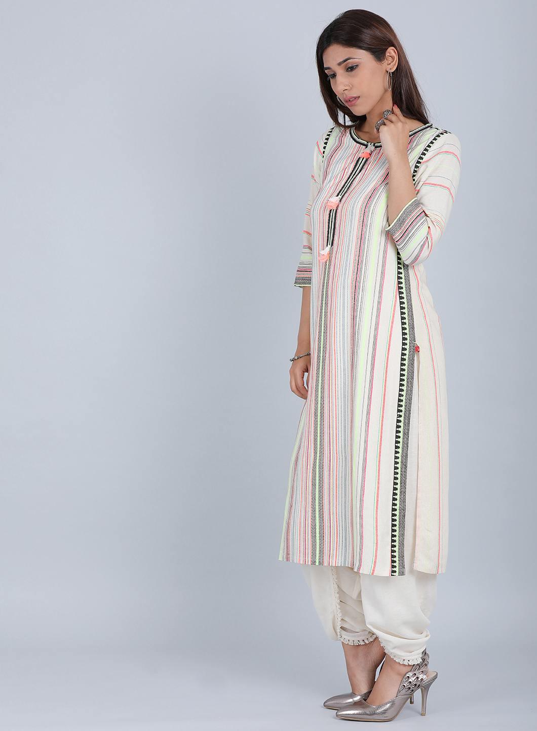 Multicoloured Striped Round Neck kurta - wforwoman