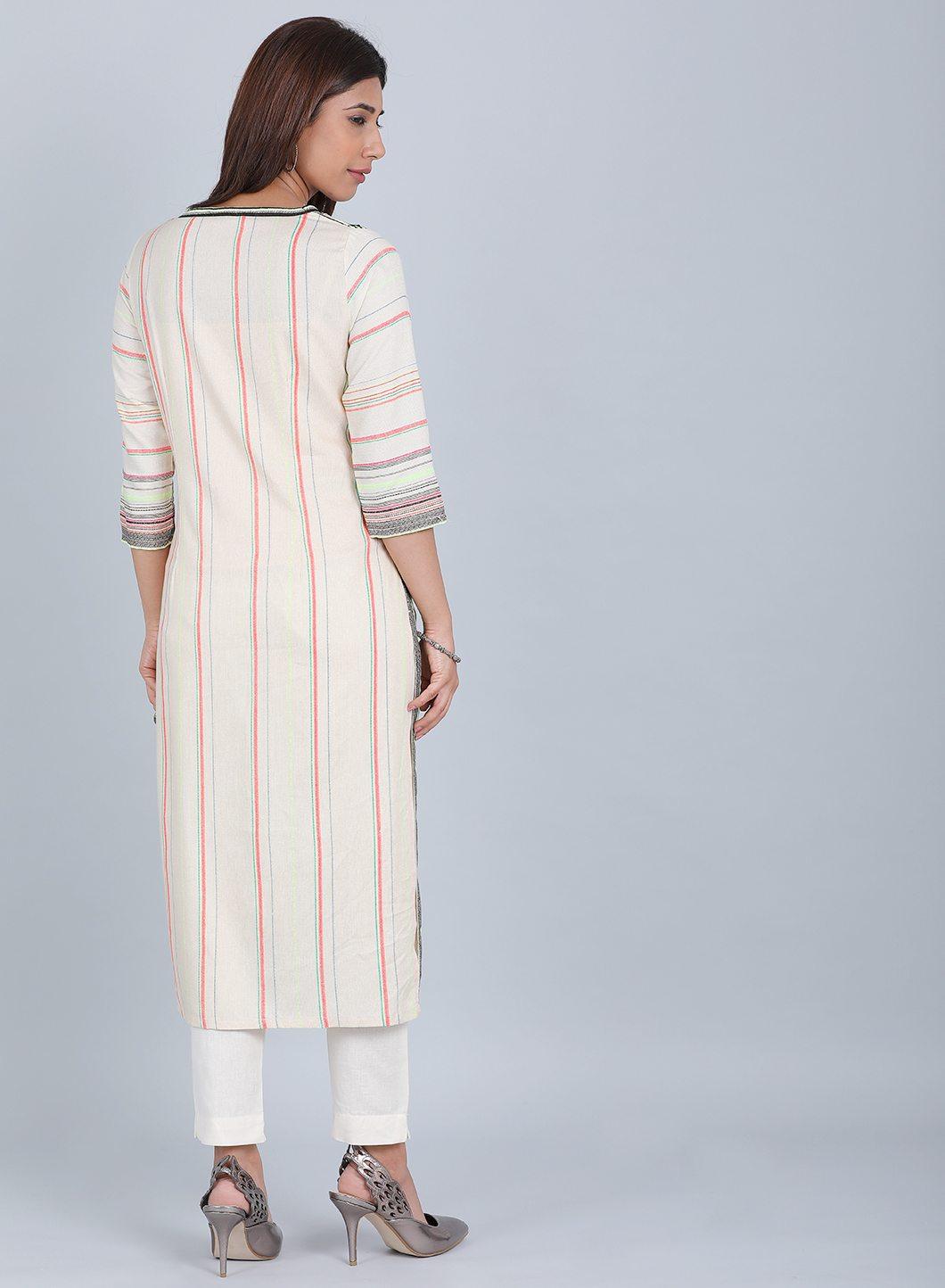 Multicoloured Striped Round Neck kurta - wforwoman