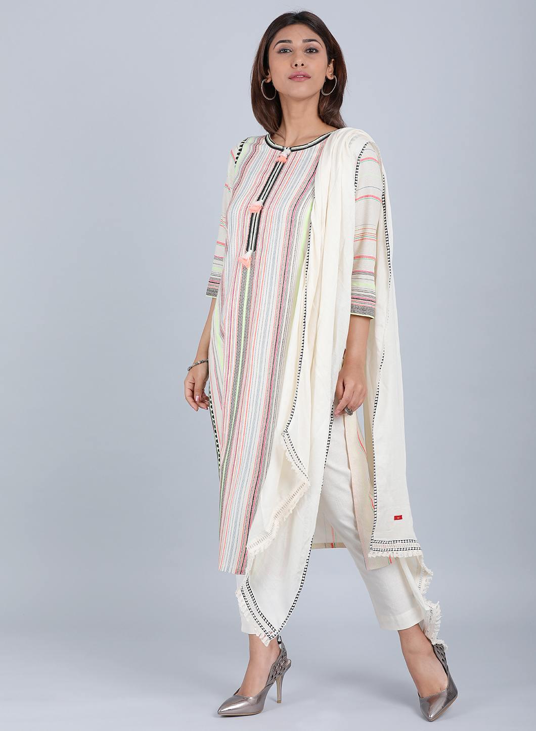 Multicoloured Striped Round Neck kurta - wforwoman