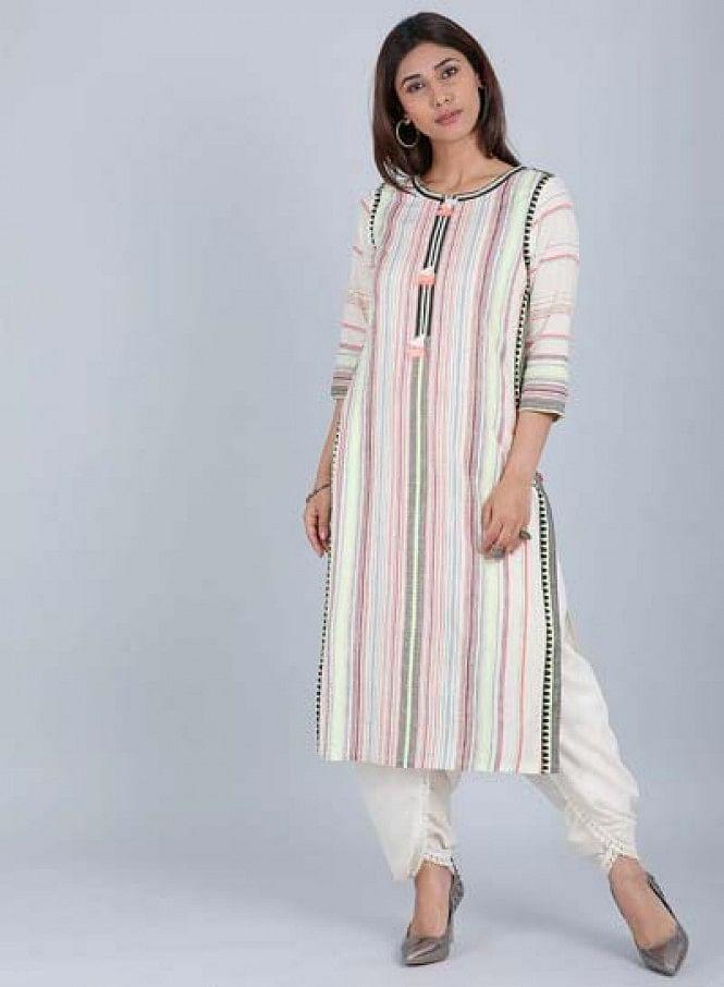 Multicoloured Striped Round Neck kurta - wforwoman