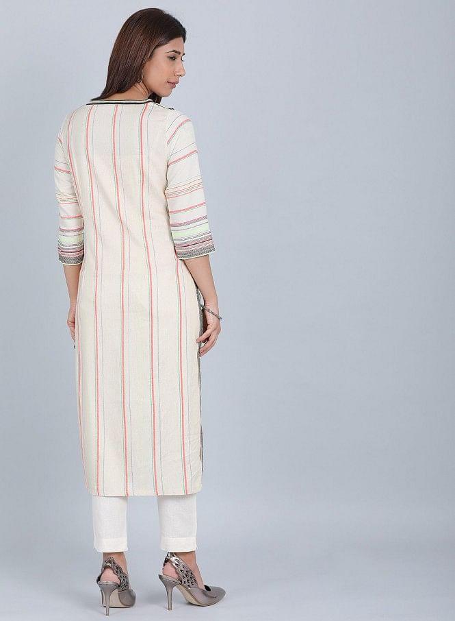 Multicoloured Striped Round Neck kurta - wforwoman