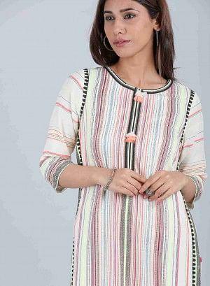 Multicoloured Striped Round Neck kurta - wforwoman