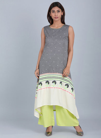 Grey Round Neck Printed kurta