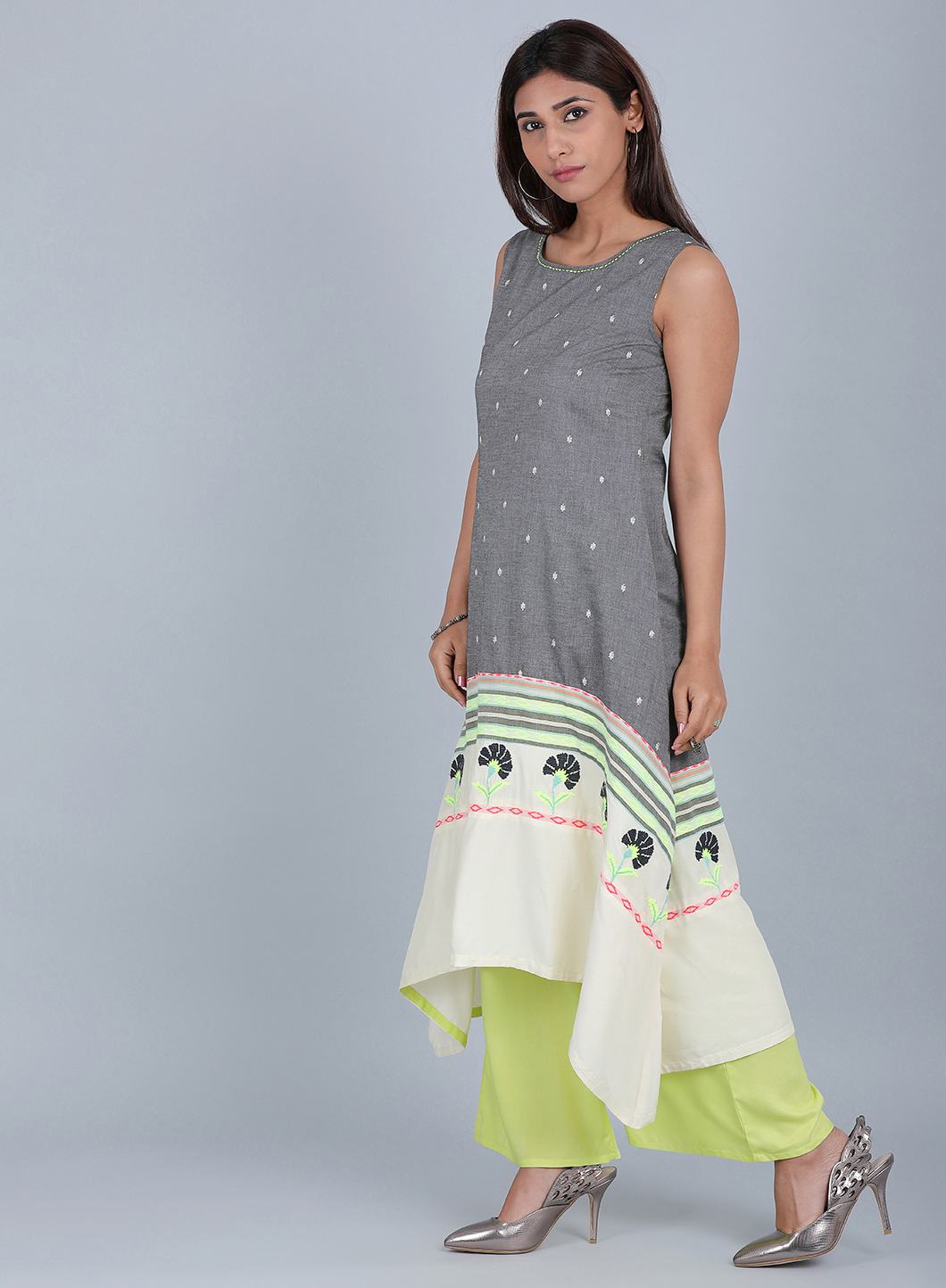 Grey Round Neck Printed kurta