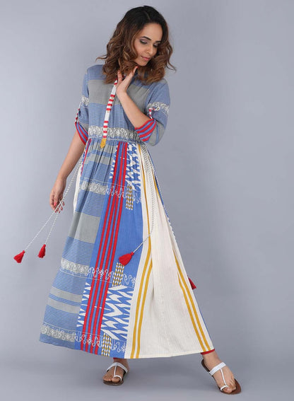 Blue Mandarin Neck Printed kurta - wforwoman