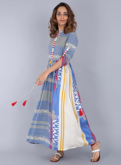 Blue Mandarin Neck Printed kurta - wforwoman